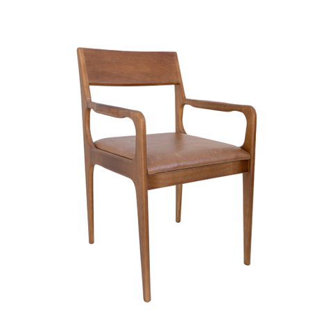 Cadeira em Madeira com Assento Estofado Caramelo. com Braço. Cor Natural