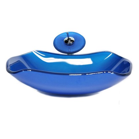 CUBA DE VIDRO ABAULADA 45CM AZUL ESCURO + VALVULA + TORNEIRA CASCATA