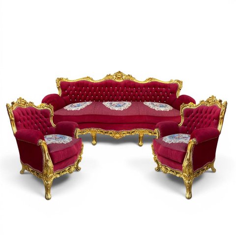 Jogo de Sofá Classico e Par de Poltrona Vermelho com Dourado 103x88x80 cm e 104x222x84 cm