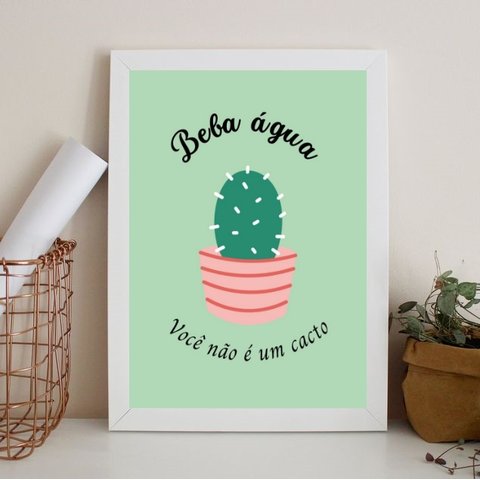 Quadro Lembrete Beber Água - Beba Água 24x18cm - com Vidro:madeira Preta