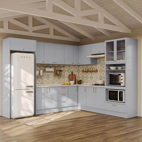Cozinha Modulada 12 Peças com Tampo e Cristaleira e Kit Lat Marselha CabeCasa MadeiraOriginals Azul/Sereno