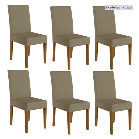 Kit 6 Cadeiras de Jantar Estofadas Lisa Pés MDF Linea Bege/Carvalho