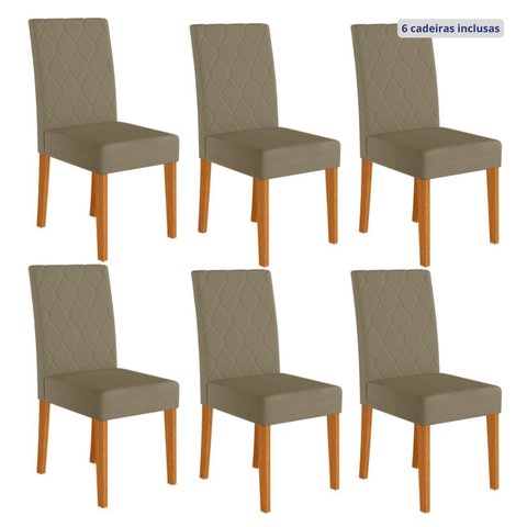 Kit 6 Cadeiras de Jantar Estofadas Lisa Pés MDF Linea Bege/Freijó