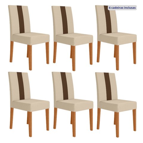 Kit 6 Cadeiras de Jantar Estofadas Lisa Courvin Pés MDF Linea Bege/Freijó/Marfim
