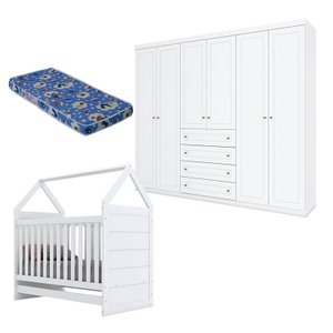 Berço Montessoriano e Guarda Roupa Infantil Mississipi 6 Portas Branco Hp com Colchão Ortobom - Henn