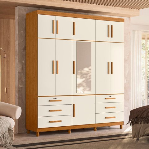 Guarda-Roupa Casal com Espelho 11 Portas 6 Gavetas Triton Plus Off White/Cinamomo