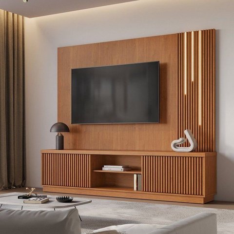 Estante Ripado para TV até 75 Polegadas 100% MDF com LED Valencia Marrom