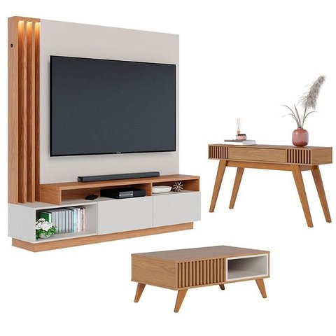 Estante Home Theater Humaitá Off White Matte Freijó com Mesa de Centro Jeri Freijó Off White e Apara