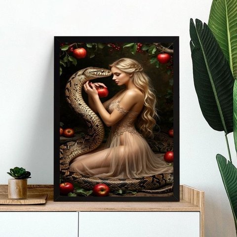 Quadro Decorativo a Tentação - Mulher Maçã Serpente 24x18cm - com Vidro:moldura Preta