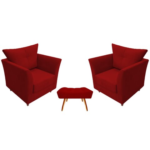 Kit 2 Poltronas Decorativa Isis + Puff Retangular Suede Vermelho Pés Madeira Mz Decor