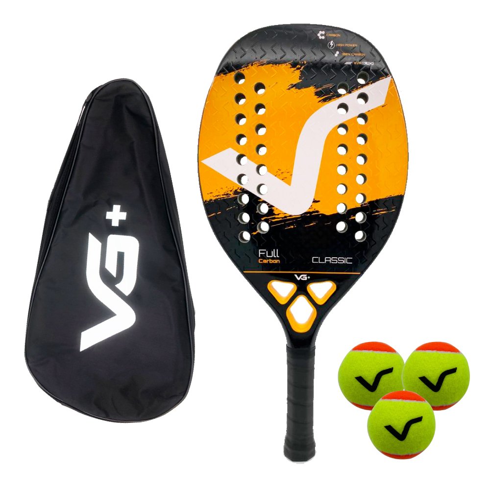 Kit Raquete de Beach Tennis Classic Full Carbon com 3 Bolas e Bolsa de Transporte VG Plus - Laranja