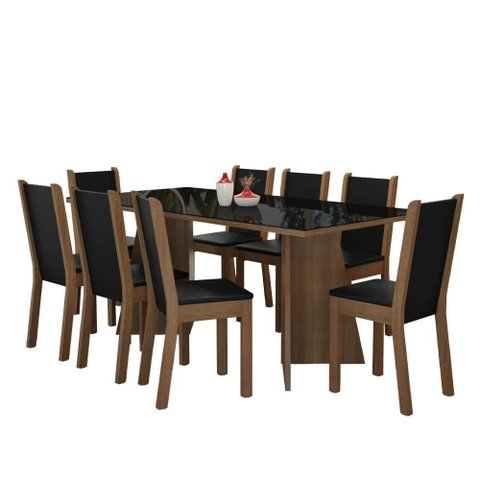 Conjunto Sala de Jantar Mesa Tampo de Vidro 8 Cadeiras Rustic Preto Justine Madesa Sintético