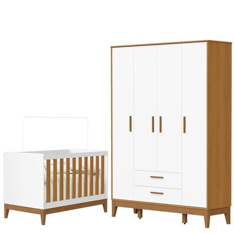 Guarda Roupa Infantil Flip 4 Portas com Berço Americano Flip Branco Acetinado Savana - Reller