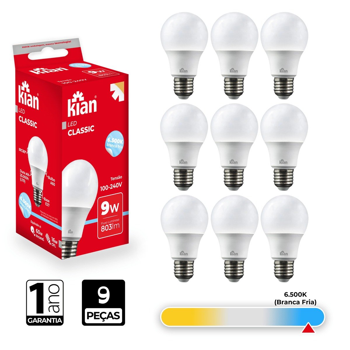 Lâmpada Led Bulbo Kian 9w 6500k Branca Fria 9 Peças - 2