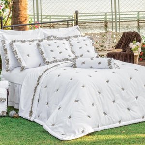 Cobre Leito Queen Mondrean Percal 200 Fios Bordado 100% Algodão 5 Peças - Branco