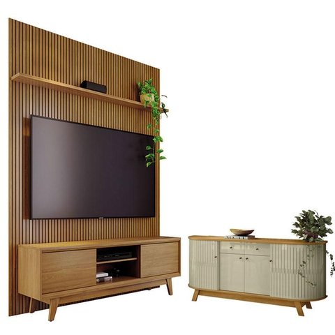 Estante Home Theater com Bancada Suspensa Milo Cumaru com Aparador para Sala Buffet Mônaco Cumaru