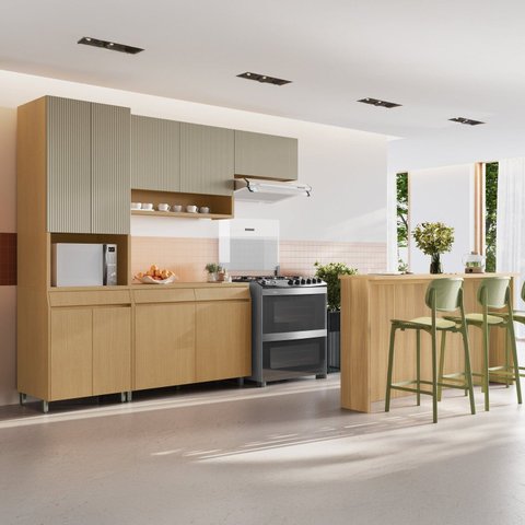 Cozinha Completa Simone Mendes 5 Peças 9 Portas 3 Gavetas Marrom/Carvalho/Greige