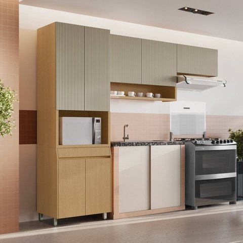 Cozinha Completa Simone Mendes 3 Peças 7 Portas 1 Gavetas Marrom/Carvalho/Greige