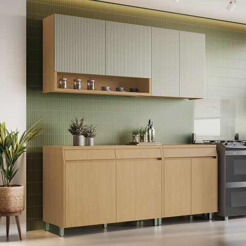Cozinha Completa Simone Mendes 4 Peças 8 Portas 3 Gavetas Marrom/Carvalho/Greige