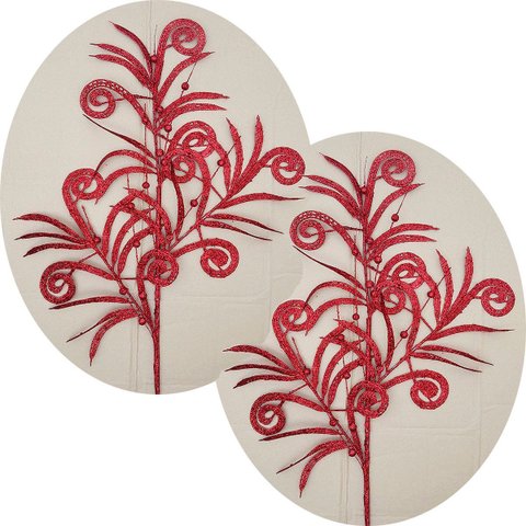 Folhas Plantas Enfeite Natal Gliter Vermelho 70cm Kit 10pçs