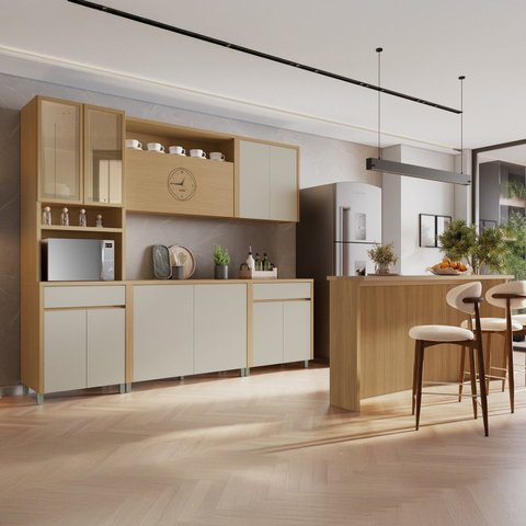 Cozinha Completa Condessa 6 Peças 11 Portas 2 Gavetas Marrom/Carvalho/Greige
