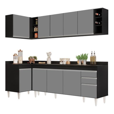 Armário de Cozinha Modulado de Canto Direito 5 Peças Cp44 Balcão com Tampo Preto-cinza - Lumil