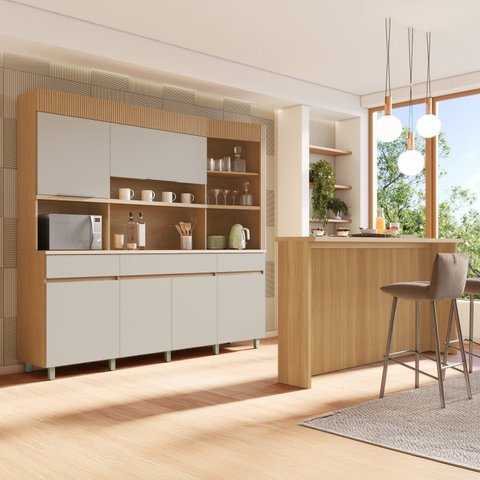 Cozinha Completa Realeza 2 Peças 6 Portas 3 Gavetas Marrom/Carvalho/Greige