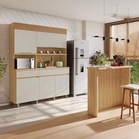 Cozinha Completa Realeza 2 Peças 5 Portas 2 Gavetas Marrom/Carvalho/Greige