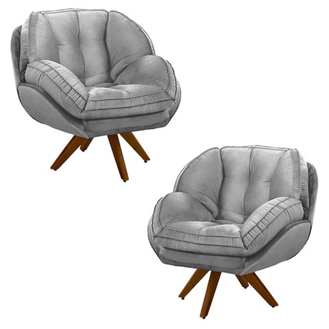 Kit 2 Poltronas Decorativas Base em Madeira Giratória Giroud Veludo Cinza - Gran Belo