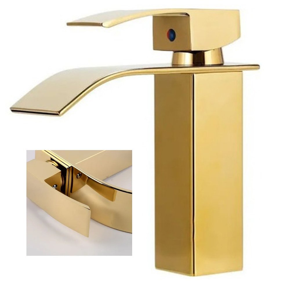 Torneira Cascata Dourada Monocomando Inox Lavabo Banheiro Luxo Mesa Bancada Misturador Agua Quente - 1