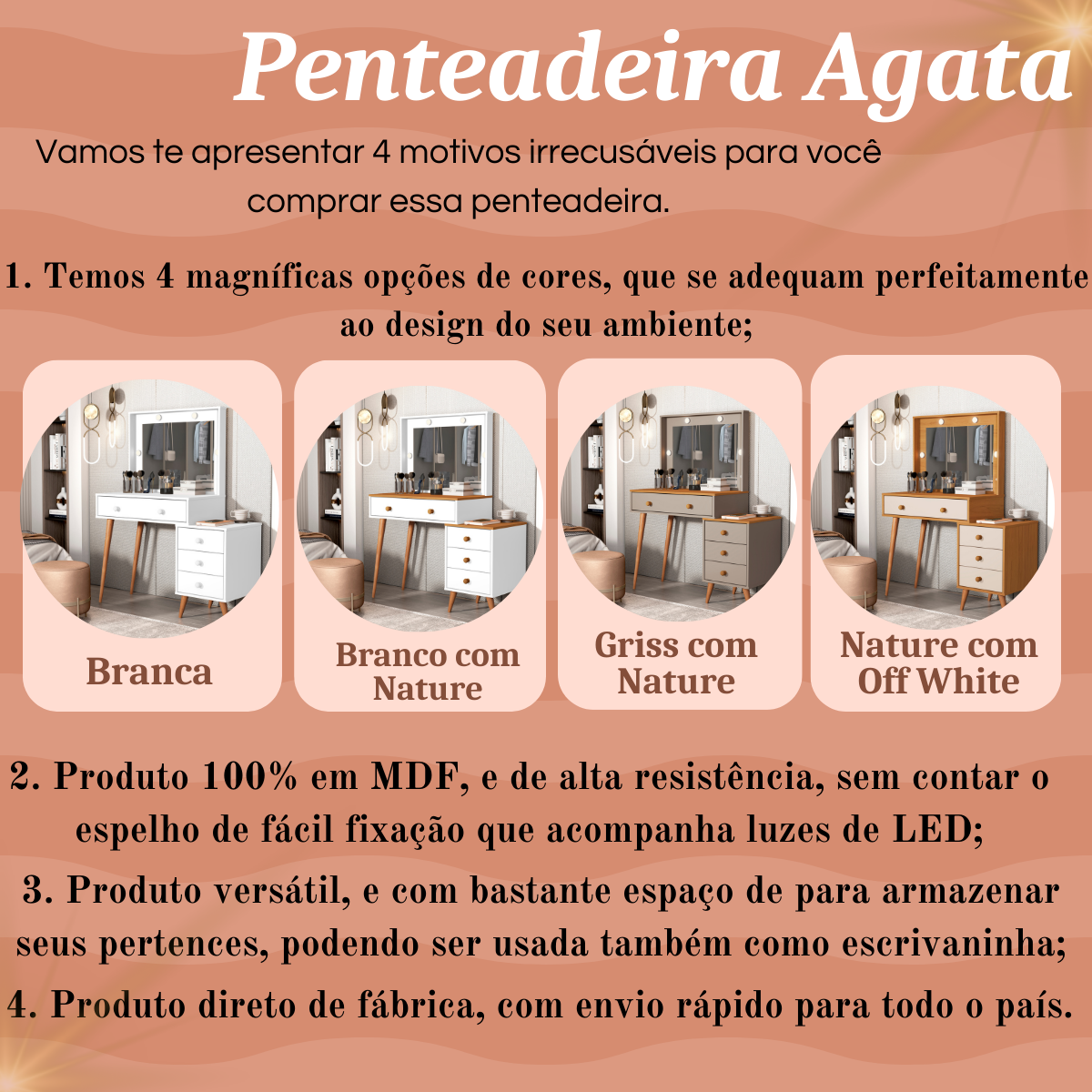 Penteadeira Escrivaninha Mesa Gaveteiro Mdf Led Camarim Nova:nature com Off White - 2