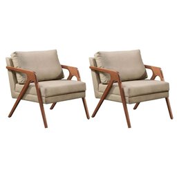 Kit 2 Poltronas Decorativa Mona Luxo Linho Bege e Base Madeira Maciça - 1