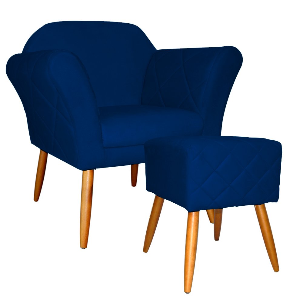 Kit Poltrona Decorativa Marcela Mais Puff Isabela Pés Palito Suede Azul Marinho - DS Estofados - 1