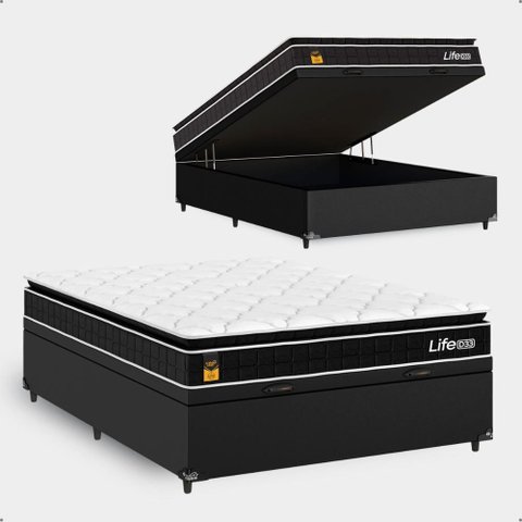 Cama Box Baú Casal Couro Preto + Colchão Life D33 Pillow Top 61x138x188cm Preto- e-Shop Casa