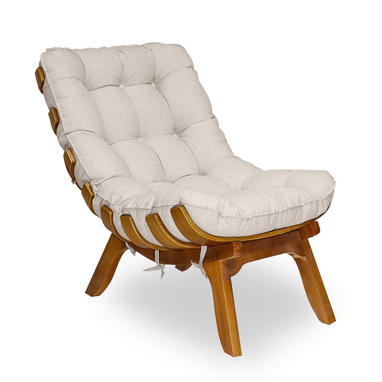 Poltrona Decorativa Costela Base Madeira Linho Bege