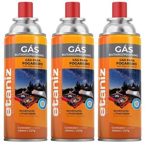 Kit 3 Refil Gás Fogareiro Etaniz 400ml 227g Butano Portátil Camping Churrasco Cozinha Maçaricos