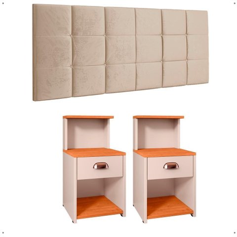 Kit Quarto 2 Mesinhas Pequena Gaveta Nicho Mudo Retrô Cabeceira Estofada Suspensa Cama Box Casal 1,