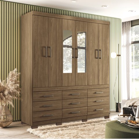 Guarda Roupa Casal 6 Portas 9 Gavetas com Espelhos e Pes Santos Andira