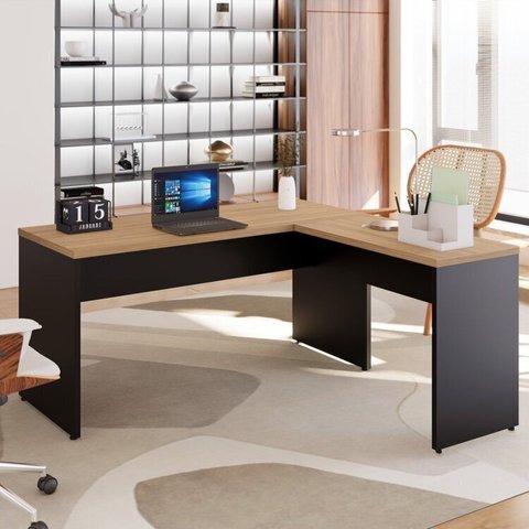 Escrivaninha Mesa Escritório Diretor em L 150cm Espresso Móveis Calvi e Preto Marrom