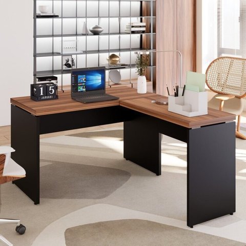 Escrivaninha Mesa Escritório Diretor em L 120cm Espresso Móveis Macadâmia e Preto Marrom