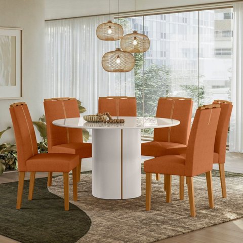 Conjunto Sala de Jantar Mesa Tampo de Vidro/MDF Redondo 135cm com 6 Cadeiras Serena Branco/Off White/Ypê
