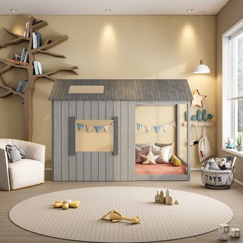 Cama Infantil Montessoriana Cabana Pkolino Cinza/Escuro