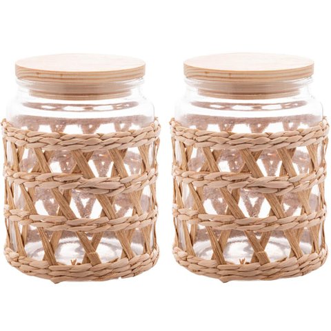 2 Potes Herméticos Vidro com Sisal Tampa Madeira Wolff 750ml Porta Mantimentos