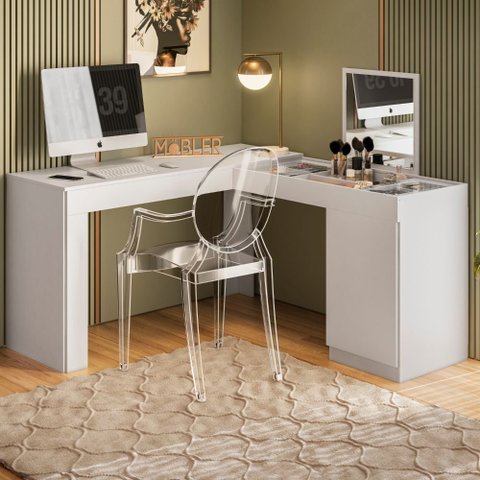 Escrivaninha e Penteadeira Camarim Star com Espelho Branco Fosco - Ninho Decor