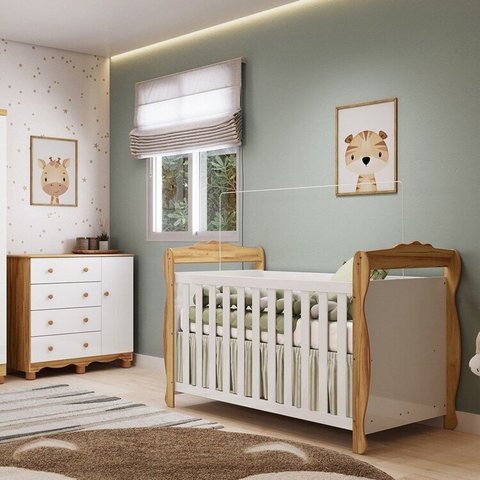 Quarto de Bebê com Berço Americano e Cômoda 1 Porta Nina Espresso Móveis Branco/Brilho/Amêndoa