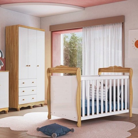 Quarto de Bebê com Berço Minicama e Guarda-Roupa 3 Portas 100% MDF Nina Espresso Móveis Branco/Brilho/Amêndoa