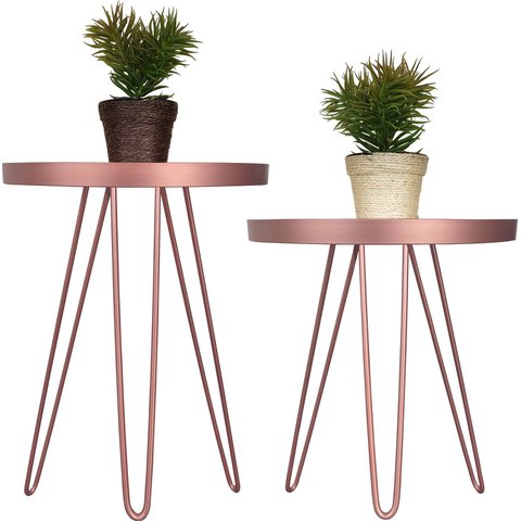 Conjunto Mesa Lateral Rosé Gold em Ferro com Tampo em Vidro