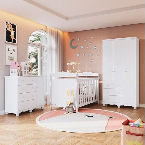 Quarto de Bebê Completo Berço 3 em 1, Guarda-Roupa 3 Portas e Cômoda 100% MDF Nina Espresso Móveis Branco/Brilho