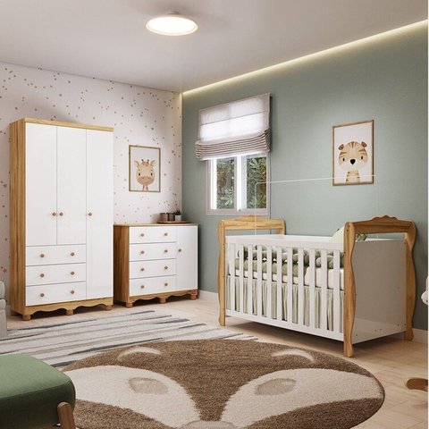 Quarto de Bebê Completo Berço 3 em 1, Guarda-Roupa 3 Portas e Cômoda 100% MDF Nina Espresso Móveis Branco/Brilho/Amêndoa