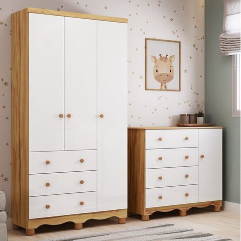 Quarto Infantil com Guarda-Roupa 3 Portas e Cômoda 1 Porta 100% MDF Mimo Espresso Móveis Branco/Brilho/Amêndoa